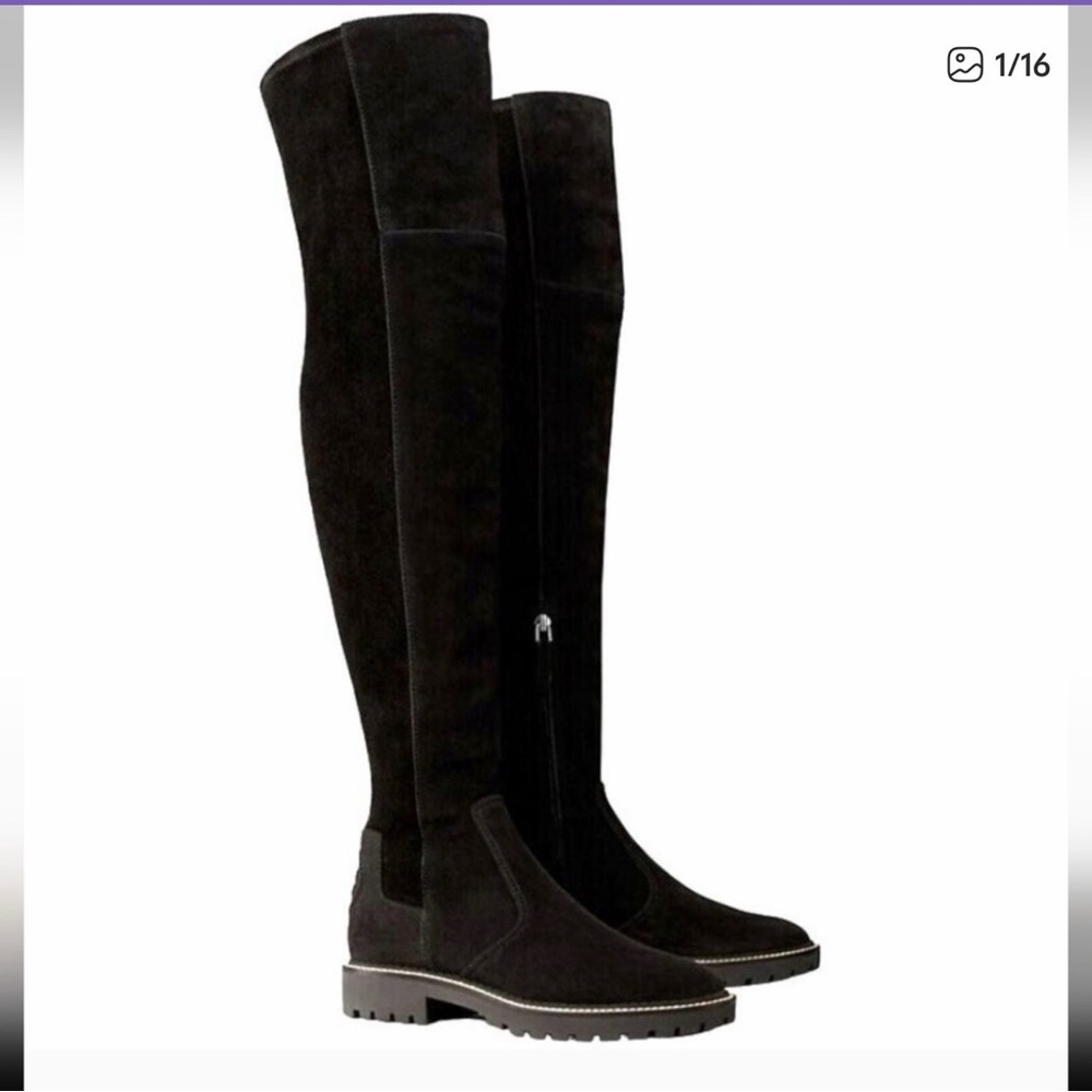 New w/o box, Tory Burch Lug Sole Suede Black Over-the-Knee Women's Boots, Size 7